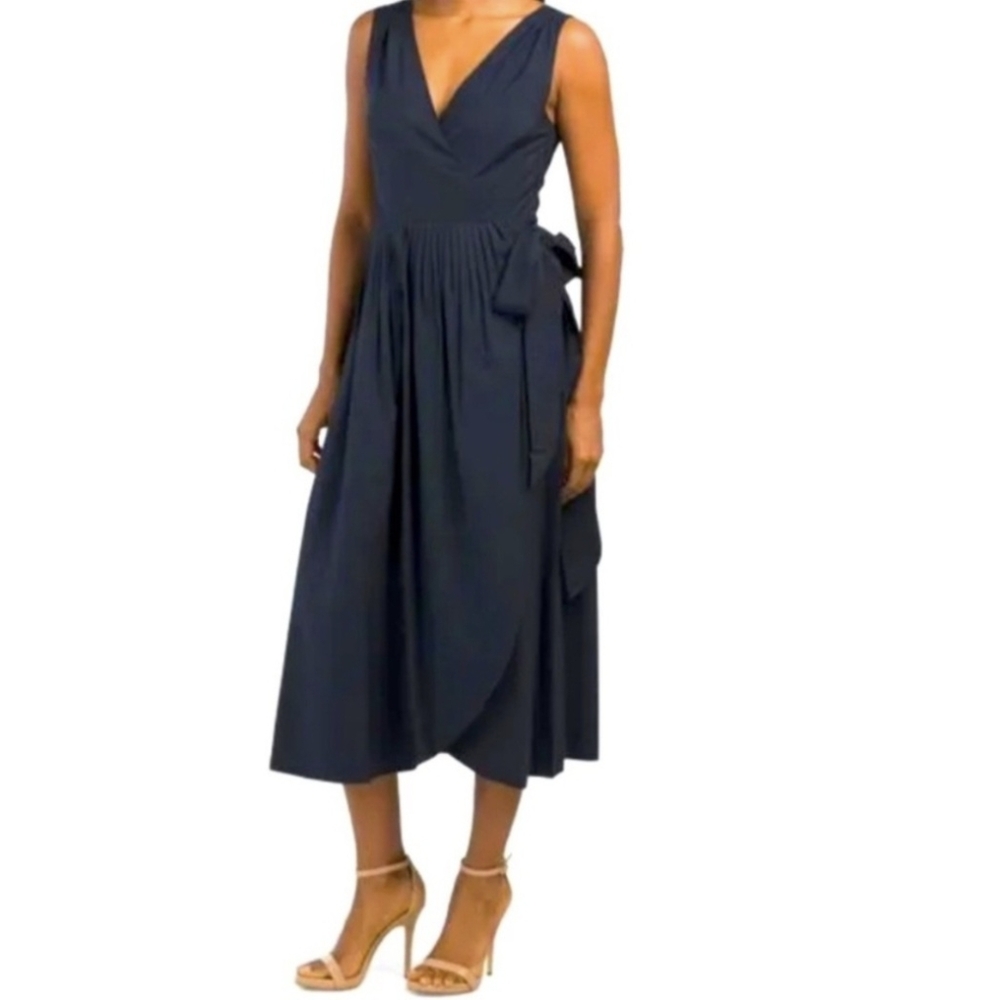 Vince Wrap Dress Navy Blue Sleeveless Pleated V- Neck Midi Size XXS NEW $425 - Picture 2 of 12